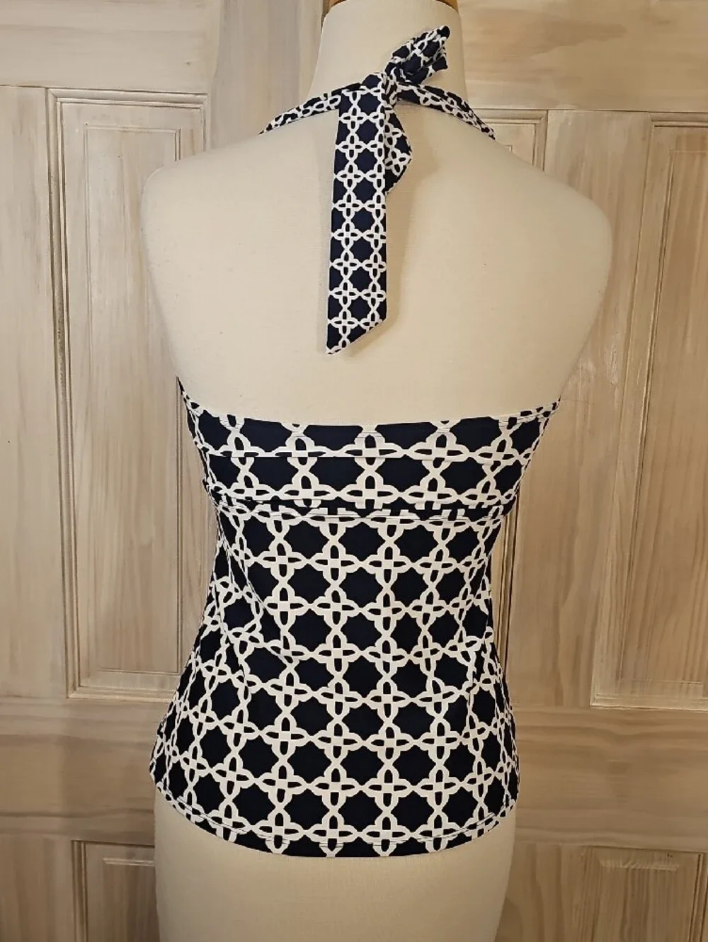Merona Navy and White Patterned Halter Swim Top Size S